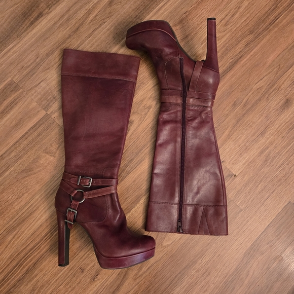 GIANNI BINI high 5" heel platform tall  boots 8.5 burgundy leather silver buckle - Picture 1 of 9